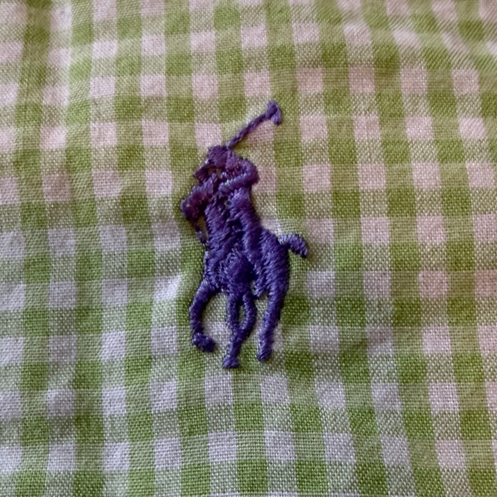 Ralph Lauren Navy Logo Button-Up with Light Green Gingham